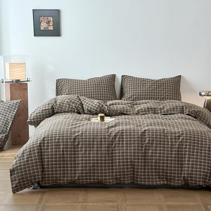 Plaid Full Duvet Cover Set Brown Washed Cotton Full Size Comforter Cover Soft Boho Pattern Taupe Duvet Cover Set with 2 Pillow Cases Checkered Zipper Bedding Set Farmhouse Duvet Protector