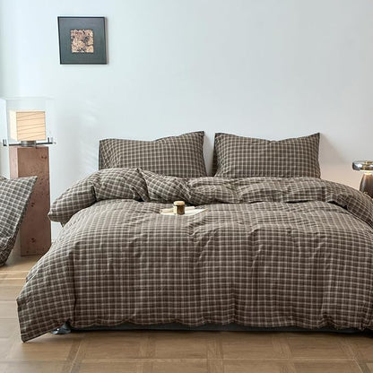 Plaid Duvet Cover Twin Size Brown Washed Cotton Comforter Cover Twin Size Soft Boho Pattern Taupe Duvet Cover Set with 2 Pillow Cases Checkered Zipper Bedding Set Farmhouse Duvet Protector