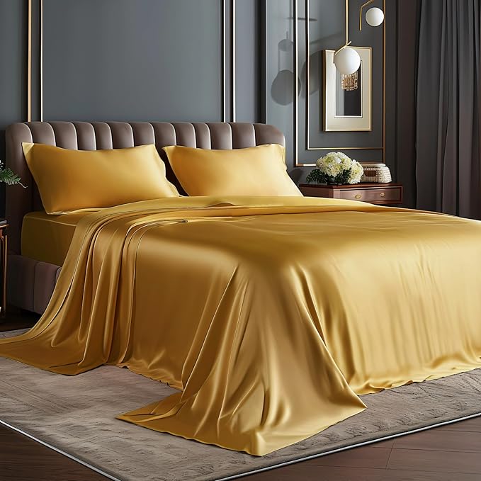 BEDELITE Satin Sheets Full Size Bed Set, Luxury Soft Gold Silky Sheets for Hair and Skin, Similar to Silk Bed Sheets Set 4 Pieces with 1 Deep Pocket Fitted Sheet, 1 Flat Sheet, and 2 Pillowcases