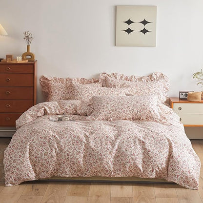 VM VOUGEMARKET Red Flower Comforter Set King Aesthetic Bedding Set Garden Style Blooming with Ruffled Pillow Shams for Girls Women Bed in a Bag King Comforter Set-104x90 Inch