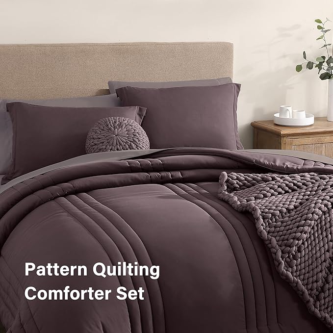 Monbix King Size Comforter Set - 7 Pieces Bed in a Bag King, ltalian Plum Bedding Sets with Comforter, All Seasons Comforter Bed Set with Sheets, Pillowcases & Shams