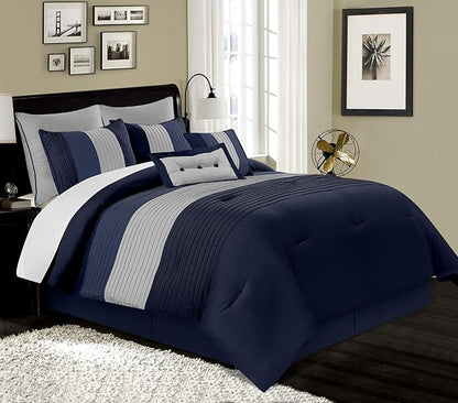 Chezmoi Collection Loft 8-Piece Luxury Striped Comforter Set (California King, Navy/Gray/Blue)