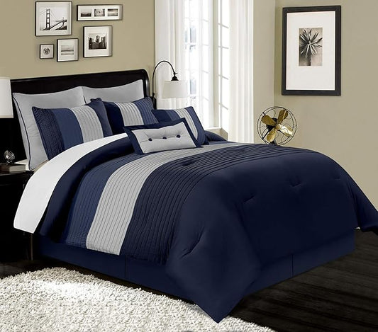 Chezmoi Collection Loft 8-Piece Luxury Striped Comforter Set (California King, Navy/Gray/Blue)