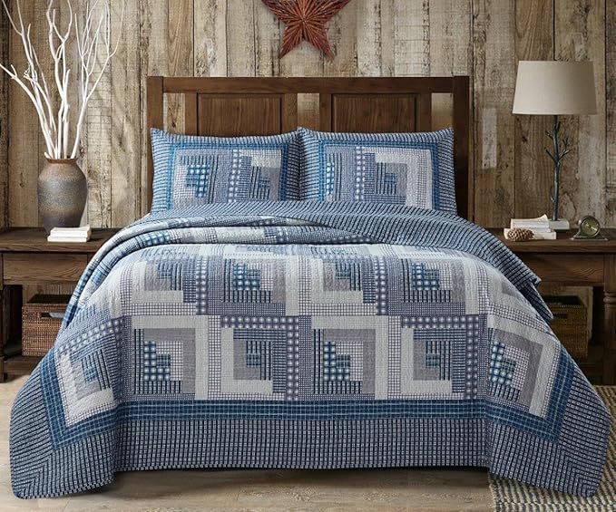 Virah Bella 3 Piece King Cabin Quilt Bedding Set - Montana Cabin: Blue/Gray - Rustic Country Reversible Patchwork Comforter Set with Decorative Pillow Shams, Blue/Gray