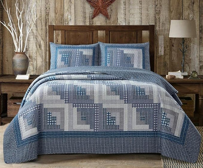 Virah Bella 3 Piece King Cabin Quilt Bedding Set - Montana Cabin: Blue/Gray - Rustic Country Reversible Patchwork Comforter Set with Decorative Pillow Shams, Blue/Gray