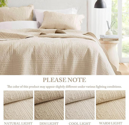 Madison Park Queen Quilt Set Damask Coverlet Set for Queen Size Bed, Cottage Oversized Quilt Set, Scallop Edge, All Season, Pre-washed Cotton-Filled Queen Size Quilt, Tuscany, Full/Queen Cream 3 Piece