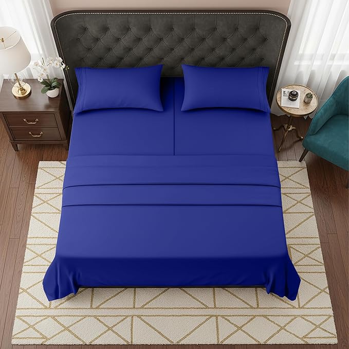 Elegant Comfort Luxurious 1500 Premium Hotel Quality Microfiber Three Line Embroidered Softest 5-Piece Bed Sheet Set, Wrinkle and Fade Resistant, Split King, Royal Blue