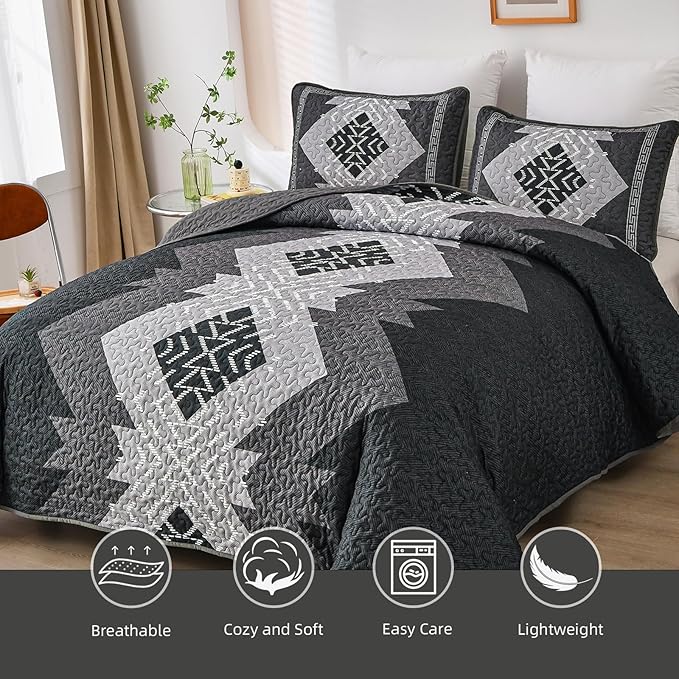 Dintszyayue Boho Quilt Set King Size 3 Pieces Black Grey Aztec Texture Bedspread Coverlet Set Bohemian Quilt Bedding Set Microfiber Lightweight Bed Cover for All Seasons 90"×103"