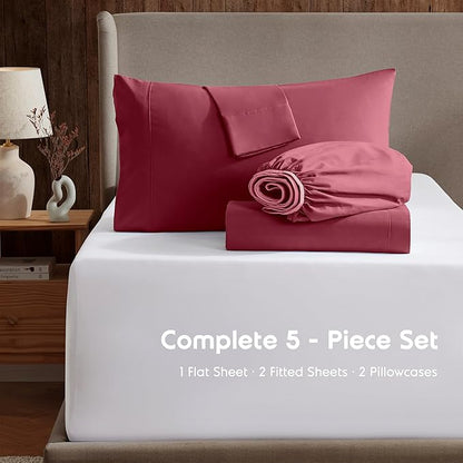 Nestl Split King Sheet Set - 1800 Ultra-Soft Microfiber Bed Sheets - Double Brushed - Deep Pockets - Easy Fit - 5 Piece Set - Bed Sheets & Pillowcases (Split King Size, Burgundy Red)