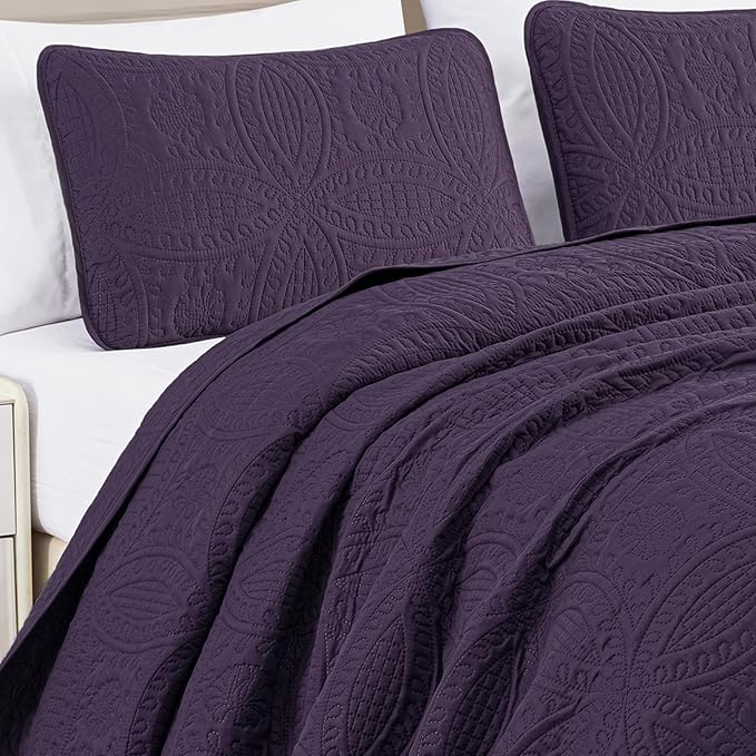 Chezmoi Collection Austin 3-piece Oversized Bedspread Coverlet Set (Queen, Purple) | Oversized, Lightweight, Fade Resistant