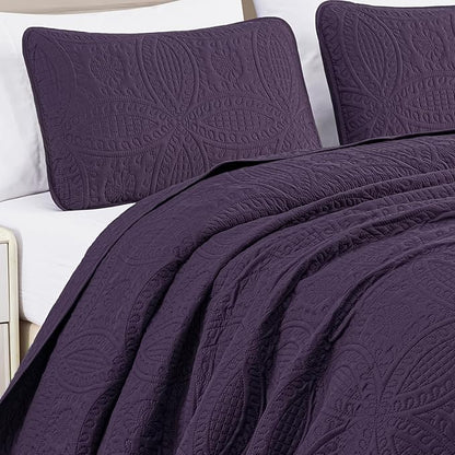 Chezmoi Collection Austin 3-piece Oversized Bedspread Coverlet Set (Queen, Purple) | Oversized, Lightweight, Fade Resistant