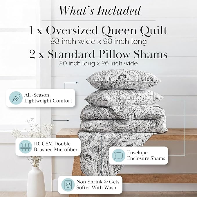 Southshore Fine Living, Inc. Paisley Quilt Bedding Set, Black Quilt Queen Size, Boho Bedspread, Farmhouse Bedding 3-Piece Set with Two Matching Quilted Pillow Shams, Full/Queen Coverlet, Black