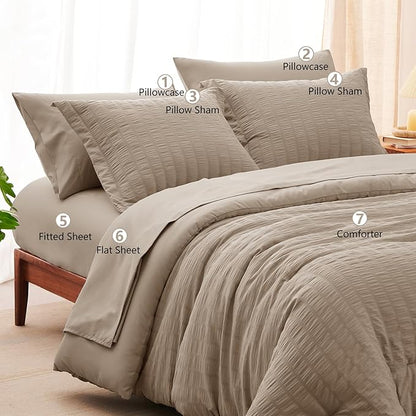 CozyLux Queen Comforter Set Khaki Seersucker 7 Pieces Bed in a Bag Queen Comforter Set with Sheets, Luxury Soft Bedding Sets with Down Alternative Comforter, Sheets, Pillowcases & Shams for All Season
