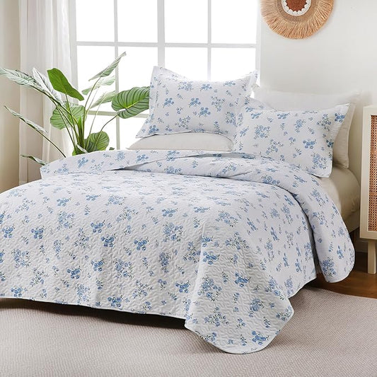 Blue Floral Quilt Set King Size - 3 Pieces Reversible Cottagecore Quilts Flowers Soft Microfiber Lightweight Bedspread Coverlet with 2 Pillow Shams for All Seasons (104"×90")