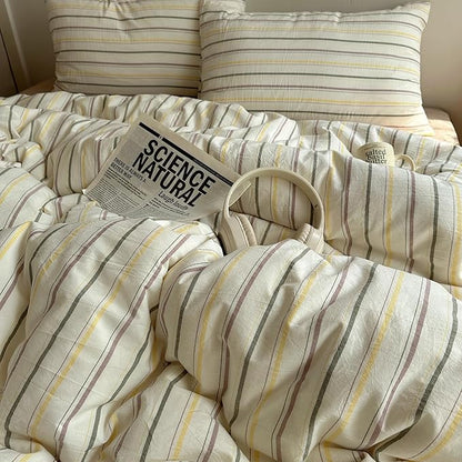 EAVD Vintage Colorful Striped Comforter Set Queen Soft Cotton 3-Piece Retro Vertical Striped Bedding Set with 2 Pillowcases Boho Geometric Comforter Set for All-Season(Green&Yellow&Brown, Queen)