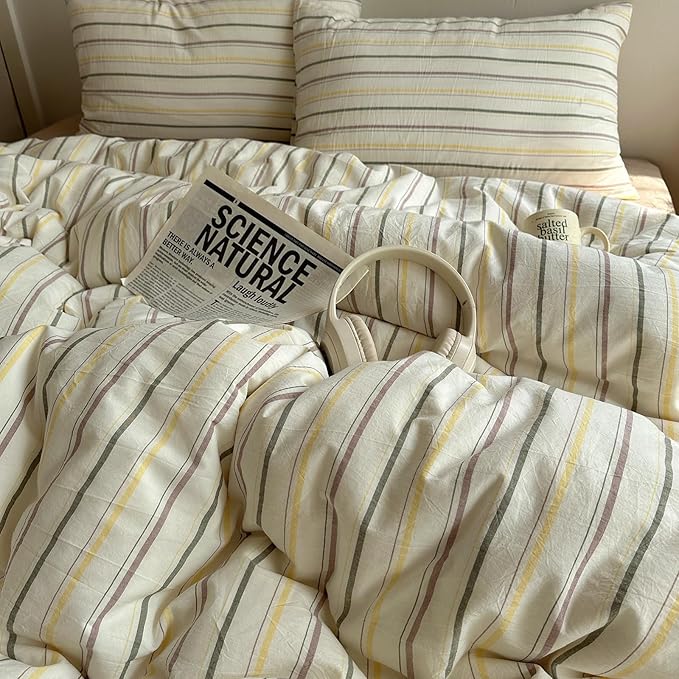 EAVD Vintage Colorful Striped Comforter Set Twin XL Soft Cotton 3-Piece Retro Vertical Striped Bedding Set with 2 Pillowcases Boho Geometric Comforter Set for All-Season(Green&Yellow&Brown, Twin XL)
