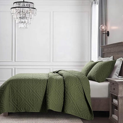 Olive Green Twin Size Quilt Bedding Sets with Pillow Sham, Boho Dark Deep Sage Lightweight Soft Bedspread Coverlet, Quilted Blanket Thin Comforter Bed Cover for All Season, 2 Pieces, 68x90 inches