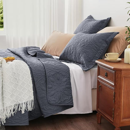 EXQ Home Quilt Set Full Queen Size Bluish Grey 3 Piece,Lightweight Soft Coverlet Mandala Flower Pattern Bedspread Set for All Season(1 Quilt,2 Pillow Shams)