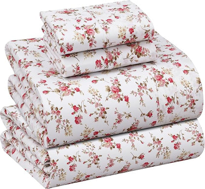 RUVANTI 100% Cotton Sheets – California King Percale Bedding, Cooling & Breathable Floral Design, Durable with a Crisp, Soft & Comfortable Feel, 14" Deep Pocket, 4-Piece Set, Bouquet