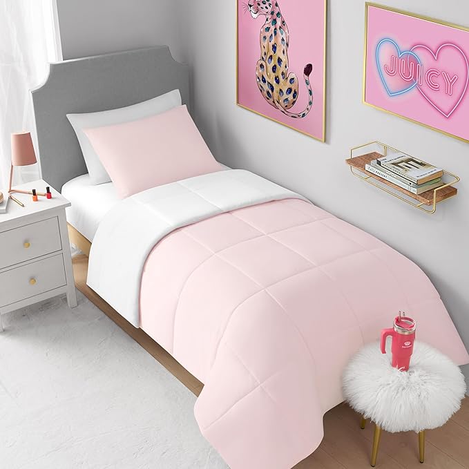 Juicy Couture Reversible Box Stitch Comforter Set, 3-Piece King – Pink Marshmallow/White – Glam Bedding Set