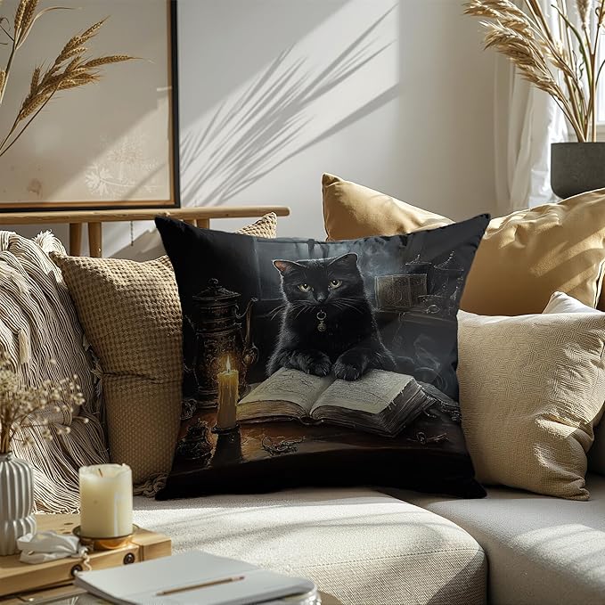 Witchy Black Cat Reading Book Throw Pillow Covers 18x18, cat Gifts for Women,Dark Cottagecore Flower Decor, Gothic Moody Black Kitten Pillowcase，Aesthetic Black Cats Vintage Cats Decor