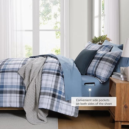MaiRêve Queen Size Plaid Comforter Set Lake Blue, Classic 7 Pieces Farmhouse Bedding Set, All Season Lightweight Bed in A Bag with Sheets, Pillowcases & Shams