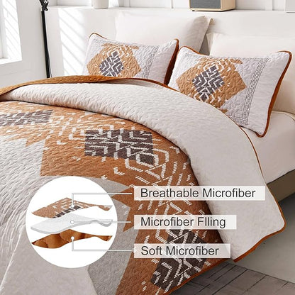 Dintszyayue Boho Quilt Set Full Size,3 Piece Terracotta Aztec Texture Bedspread Coverlet Set Soft Lightweight Bedding Set Geometric Bohemian Bedspread with 2 Pillowcases(Terracotta,78"x90")