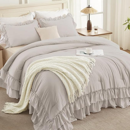 Andency Linen Grey California King Comforter Set (104x96Inch), 3 Pieces Farmhouse Shabby Chic Ruffle Bedding Sets, Lightweight Fluffy Soft All Season Bed Set