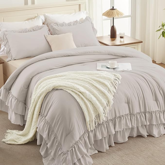 Andency Linen Grey King Comforter Set (104x90Inch), 3 Pieces Ruffle Bedding Set with 2 Pillowcases, Farmhouse Shabby Chic Lightweight Fluffy Soft All Season Bed Set