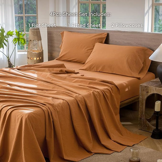 MooMee Bedding Sheet Set 100% Washed Cotton Linen Like Textured Breathable Durable Soft Comfy (Solid Burnt Orange, California King)