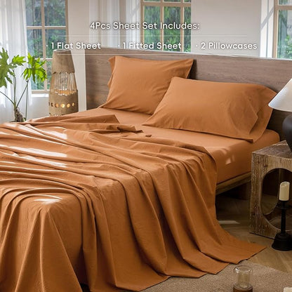 MooMee Bedding Sheet Set 100% Washed Cotton Linen Like Textured Breathable Durable Soft Comfy (Solid Burnt Orange, King)