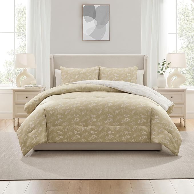 Nestl King Size Comforter Set - Oatmeal Bed in a Bag King Size, 3 Pieces Reversible Bed Set, Soft Floral Bedding Set, All Season Botanical Comforters with Pillow Shams