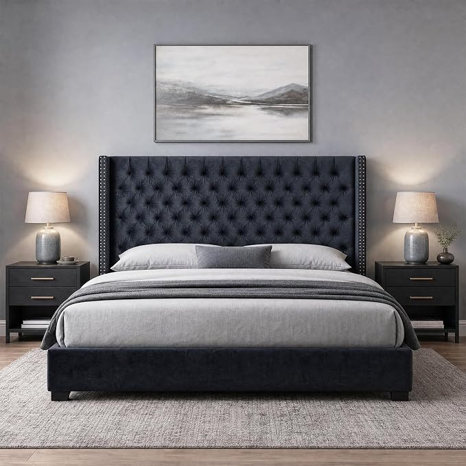 Madison Park Queen Wingback Upholstered Tufted Headboard, Featuring High-Density Sponge Padding, Adjustable Height Headboard, Easy Assembly, Black Velvet