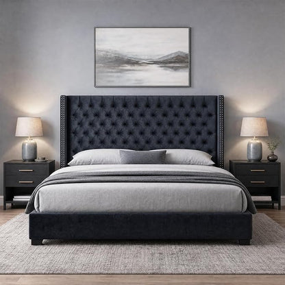 Madison Park Queen Wingback Upholstered Tufted Headboard, Featuring High-Density Sponge Padding, Adjustable Height Headboard, Easy Assembly, Black Velvet