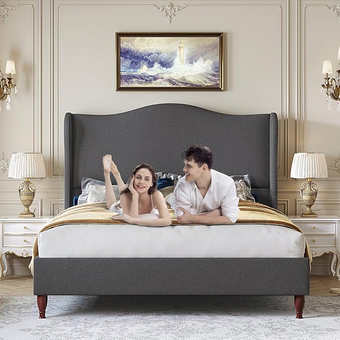 koorlian Full Size Upholstered Bed Frame with 51'' Tall Headboard, Grey | Reinforced Platform Bed, Easy Assembly, Soft Fabric, Sleigh Wingback, Solid Wood Retro Legs, Noise-Free, Classic & Simple