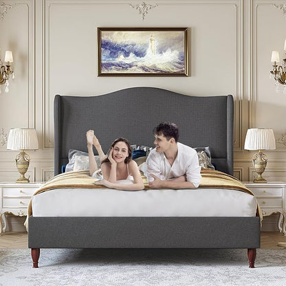 koorlian Full Size Upholstered Bed Frame with 51'' Tall Headboard, Grey | Reinforced Platform Bed, Easy Assembly, Soft Fabric, Sleigh Wingback, Solid Wood Retro Legs, Noise-Free, Classic & Simple