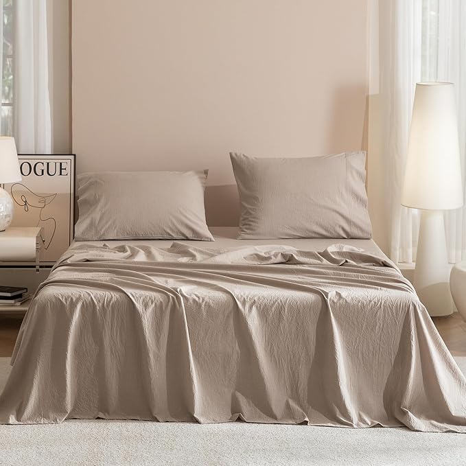 JIYUAN California King Size Sheet Set, 4-Piece - 100% Washed Cotton, Linen-Like Soft & Breathable, Includes Deep Pocket Fitted & Flat Sheet with 2 Pillowcases, Hotel Quality, Heathered Warm Taupe
