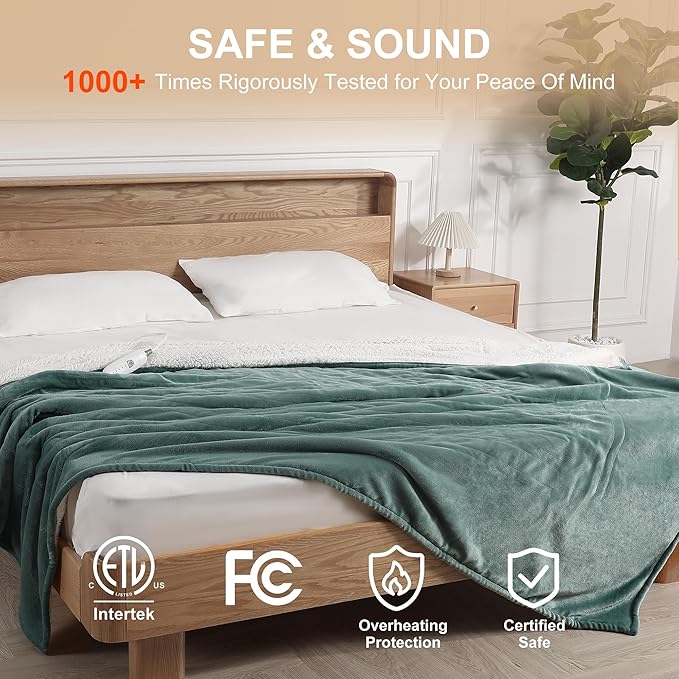 Heating Blanket Queen Electric Blanket 84''X90'', Ultra Soft Silky Flannel and Fluffy Sherpa Heating Blanket with 5 Heat Levels & 10 Hrs Timer, ETL Certified & Overheat Protection, Gifts for Grandma