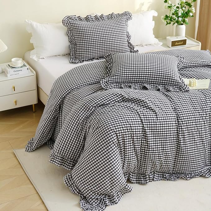 Black/White Checkered Ruffle 3-Piece Duvet Cover Set Twin Size,Washed Cotton Shabby Gingham Plaid Bedding Set Farmhouse Comforter Set(Twin,Black/White)