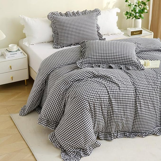 Black/White Checkered Ruffle 3-Piece Duvet Cover Set Queen Size,Washed Cotton Shabby Gingham Plaid Bedding Set Farmhouse Comforter Set(Queen,Black/White)