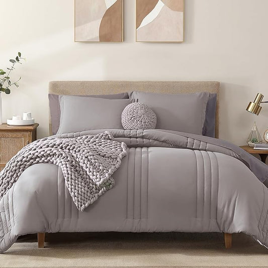 Monbix Queen Comforter Set - 7 Pieces Cloud Purple Bed in a Bag Queen Bedding Sets with Comforters, All Seasons Comforter Bed Set with Sheets, Pillowcases & Shams