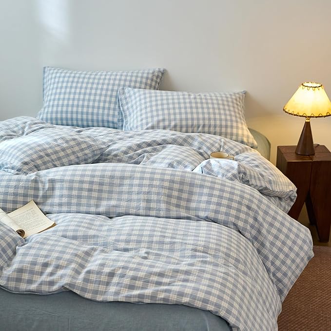 EAVD Vintage Style Blue&White Plaid Gingham Duvet Cover Twin Soft 100% Washed Cotton Chic Grid Checkered Bedding Set with 2 Pillowcases Farmhouse Blue Plaid Duvet Cover with Zipper Closure