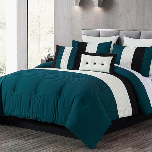 Chezmoi Collection Loft 8-Piece Oversized King Comforter Set, Teal/Black/White Luxury Striped Bedding for All Season