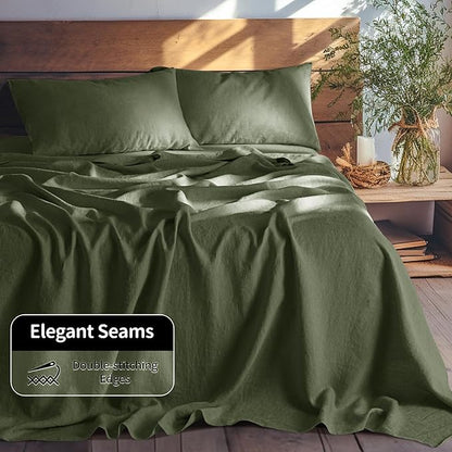 LBRO2M 100% Pure Linen Sheet Set Deep Pocket Up to 16" Bed Sheets Sets, Natural Flax Beddings Soft, Breathable, Comfortable for All Seasons Twin Size, Olive Green