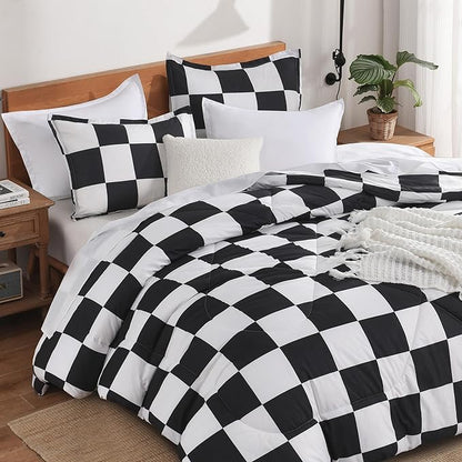Andency Checkered Comforter Queen(90x90Inch), Black White Plaid Gingham Bed Set for Teen Boys Kids, Lightweight Polyester Geometric Preppy Bedding, 3 Pieces