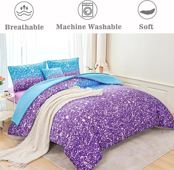 RYNGHIPY Blue Purple Girls Bedding Set 3D Colorful Galaxy Starry Comforter Sets for Girls Kids Queen Lightweight Soft Rainbow Bed in A Bag