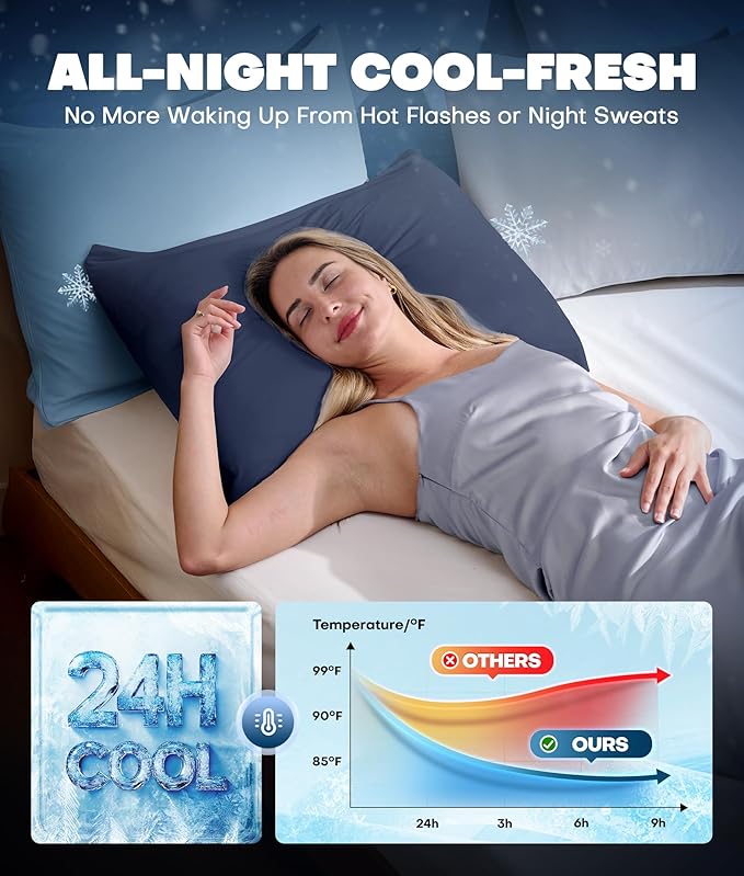 Ultra-Chill Cooling Pillowcase Set of 2 for Hot Sleepers, Softer Than Silk Pillow Cases for Protecting Hair & Skin, Breathable Bed Pillow Covers w/Zipper, Gifts for Women Men (Navy Blue, King)