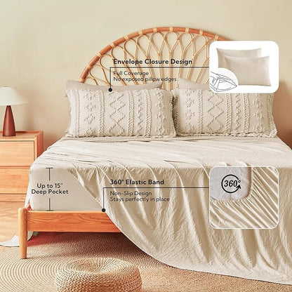 MR&HM California King Comforter Set Beige, 7 Pieces Tufted Boho Beddding Sets, Farmhouse Style Bed in a Bag with 1 Comforter, 2 Pillow Shams, 2 Pillowcases, 1 Flat Sheet, 1 Fitted Sheet