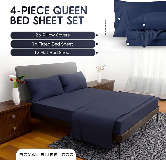 Queen Sheet Set - 4 Piece Bedding - Double Brushed, Cooling, Deep Pocket Sheets, Navy Blue