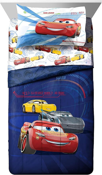 Jay Franco Kids Sheet Cartoon Set with Fitted, Flat Sheets & Pillow Cover - Ultra-Soft Bedding with Pillowcase for Room Decor, White - Cars, 3 Piece Twin
